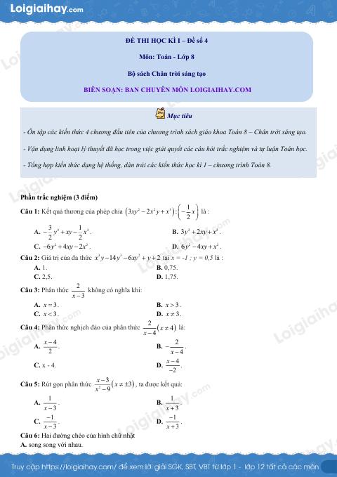 Đề thi học kì 1 Toán 8 - Đề số 4 - Chân trời sáng tạo